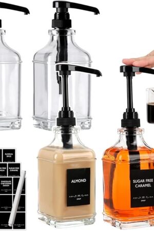 BIGIVACA 4 Pack Coffee Syrup Dispenser 16 oz,Clear Glass Syrup Bottle with 1/4oz Capacity Pump,Syrup Dispenser for Coffee Bar with Plastic Pump