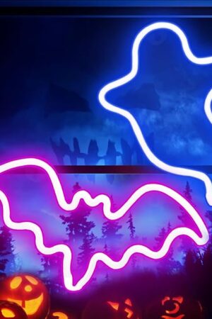 2 Pack Halloween Decoration LEDs Neon Sign Light Ghost Neon Sign Bat Lights Neon Signs Hanging Neon Signs for Halloween Party Decorations Indoor Home Window Decorations(Batteries Not Included)