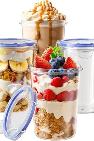 4 Pack Overnight Oats Containers with Lids, Oatmeal Container, 16oz Leak Proof Oats Jars, BPA Free, Reusable, Portable Plastic Food Storage Container for Oatmeal, Yogurt, Soup, Cereal, Milk and More