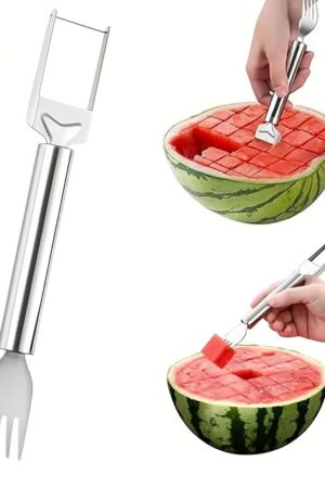 2-in-1 Stainless Steel Fruit Cutter, 2025 Summer Upgrade Dual Head Watermelon Fork Slicer Tool, Portable WaterMelon Slicer Fruit Cutting Home Kitchen Gadgets (1)