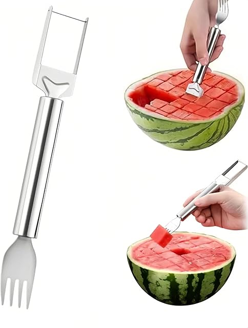2-in-1 Stainless Steel Fruit Cutter, 2025 Summer Upgrade Dual Head Watermelon Fork Slicer Tool, Portable WaterMelon Slicer Fruit Cutting Home Kitchen Gadgets (1)