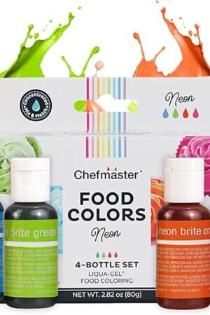 Chefmaster 4-Bottle Set of Neon Food Coloring, Liqua-Gel® Vibrant Colors, Professional-Grade Dye for Easter Eggs, Icing, Frosting, Fondant, & Batters, Fade-Resistant, Made in USA, 0.67 oz