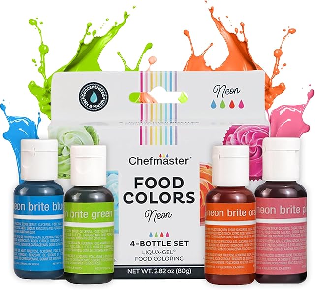Chefmaster 4-Bottle Set of Neon Food Coloring, Liqua-Gel® Vibrant Colors, Professional-Grade Dye for Easter Eggs, Icing, Frosting, Fondant, & Batters, Fade-Resistant, Made in USA, 0.67 oz