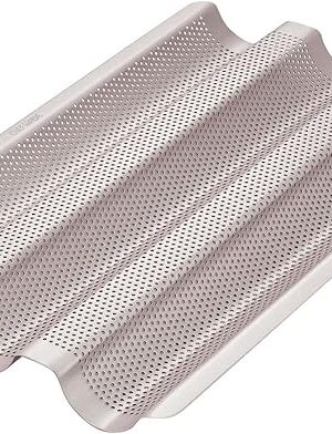 CHEFMADE Perforated Baguette Pan, 15-Inch 3 Wave Loaves Non-Stick Ultra-Ventilate French Bread Pan 2-Inch Channel for Oven Baking 15.2" x 9.6" (Champagne Gold)