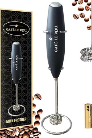 Cafe le Rou Milk Frother Handheld Battery Operated - Double Whisk with Stand. Batteries included. Electric Foam Maker, Drink Mixer with Stainless Steel Whisk