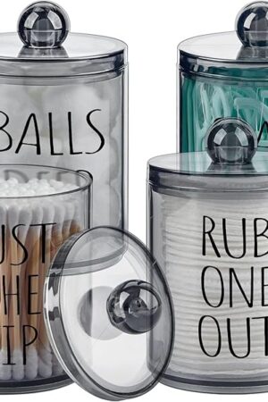 4 Pack Qtip Holder Dispenser with Lids and Labels - 10 oz Acrylic Apothecary Jars Plastic Bathroom Vanity Canister Organizer for Cotton Balls, Pads, Swabs, Floss (Black)