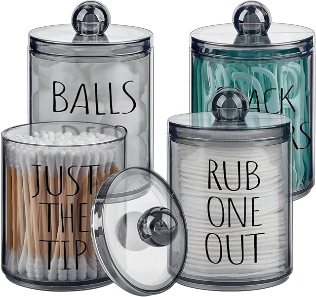 4 Pack Qtip Holder Dispenser with Lids and Labels - 10 oz Acrylic Apothecary Jars Plastic Bathroom Vanity Canister Organizer for Cotton Balls, Pads, Swabs, Floss (Black)