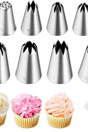 8Pcs Large Piping Tips Set,Stainless Steel Icing Tips with 10 Disposable Pastry Bags for Cake Decorating