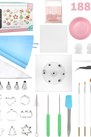 188pcs Cookie Decorating Supplies Kit(ALL-IN-ONE),with 12pcs holiday cookie cutter,Mixing Tools,Piping Tools,Decorating Tools and 100pcs Cookies Bags for Beginners and Decorator