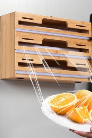 Allinside Magnetic Plastic Wrap Dispenser with Cutter, 3 in 1 Refrigerator Bamboo Wood Organizer for Tin Foil, Baking Paper, Wax Paper Holder Kitchen Storage Box Compatible with 12.9" Roll (3 Layer)