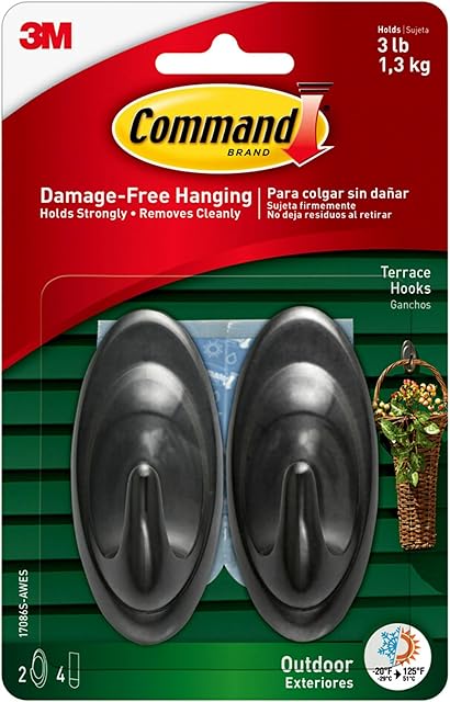Command Outdoor Terrace Wall Hooks, 2 Hooks with Weather Resistant Strips