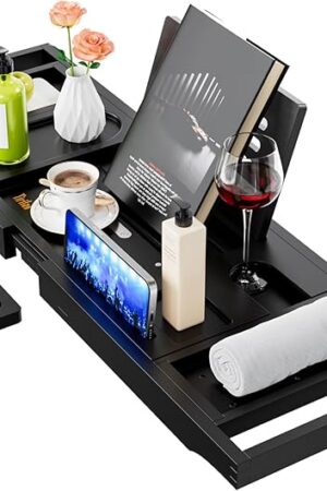 Yirilan Bath Tray, Foldable Bathtub Caddy, Adjustable Premium Bamboo Bathroom Tray for Tub, for Home Spa - Couples Wedding Gifts - Black