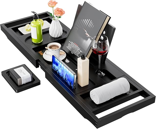 Yirilan Bath Tray, Foldable Bathtub Caddy, Adjustable Premium Bamboo Bathroom Tray for Tub, for Home Spa - Couples Wedding Gifts - Black