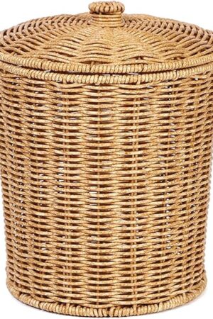 Yajuyi 1-Piece Woven Imitation Rattan Storage Basket with Lid, Round Laundry Hamper, Organizer Bin with Double Handles for Home, Bedroom, Laundry Room, Living Room, Brown, 23cm x 28cm