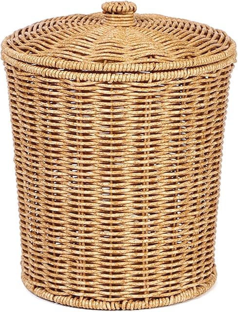 Yajuyi 1-Piece Woven Imitation Rattan Storage Basket with Lid, Round Laundry Hamper, Organizer Bin with Double Handles for Home, Bedroom, Laundry Room, Living Room, Brown, 23cm x 28cm