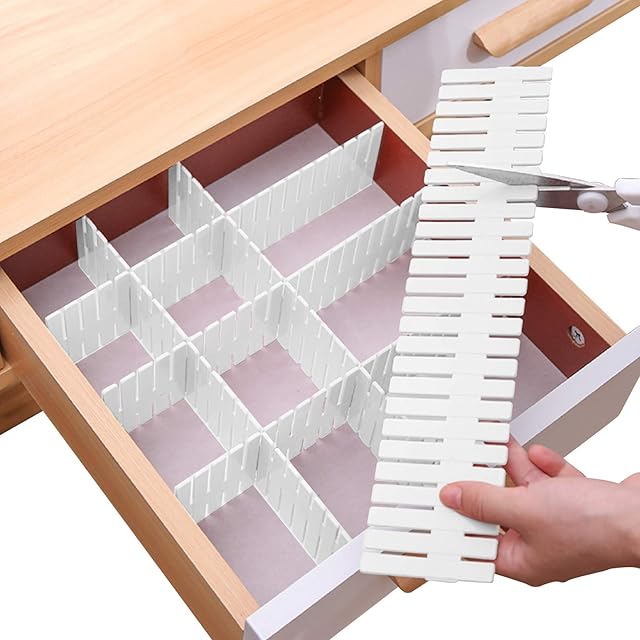 Drawer Divider Adjustable Diy Storage Organizer Separator for Tidying Clutter Cutlery Underwear Socks Clothes Dresses Desk & Box in Kitchen Bathroom Bedroom Office (Cut at Will) (White 16pcs)