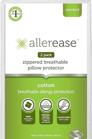 AllerEase 100% Breathable Cotton Pillow Protector for Sleeping, Standard 26" x 20" - 2 Pack