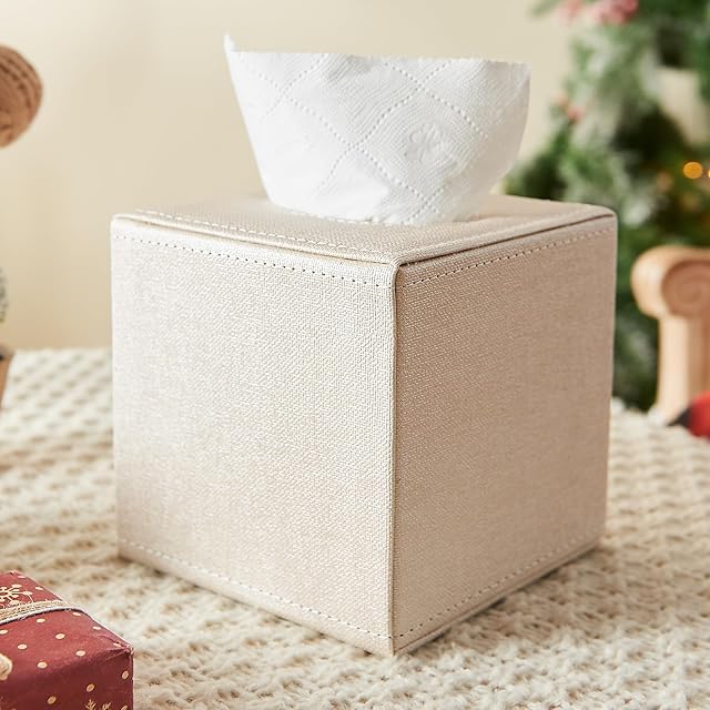 Beige Tissue Box Cover,Square Tissue Box Holder with Magnetic Bottom,Tissues Boxes Cover for Decorative NightStand Table Vanity Toilet Dresser Countertop Office Car