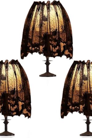 3Pcs Halloween Lamp Shade Cover Decoration, Black Lace Ribbon Spider web Lampshades Cover Topper Scarf for Festive Party Indoor Decor Supplies, Large 20 X 60 Inch Spiderweb Lamp Shade Cover