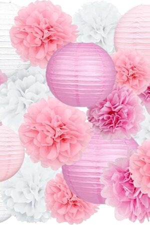 Celehappy Pink Paper Lanterns Decoration Tissue Paper Pom Poms Paper Flower 18pcs Party Decorations for Baby Shower Wedding Valentine Birthday Party - Hot Pink/Pink/White