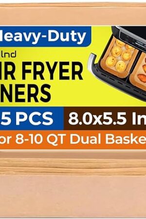 Vailnd Air Fryer Paper Liners Disposable: 125Pcs 8x5.5" Rectangle Parchment Paper Sheets, Non-stick Food Grade Baking Liners for Rectangular Air Fryer Dual Basket Oilproof Waterproof