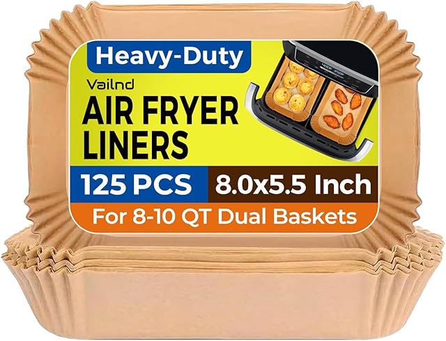 Vailnd Air Fryer Paper Liners Disposable: 125Pcs 8x5.5" Rectangle Parchment Paper Sheets, Non-stick Food Grade Baking Liners for Rectangular Air Fryer Dual Basket Oilproof Waterproof