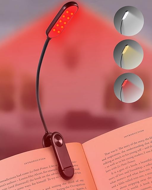 625nm Red Book Light - Rechargeable Clip On Red Reading Light Therapy for Sleep - No Blue-Light, Poratble LED Book Lamp, Gift for Kids Students Travel Nursing Studying - 3 Adjustable Modes