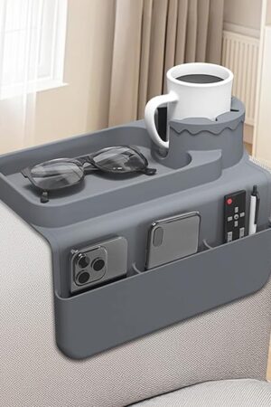 Couch Cup Holder Tray, Silicone Sofa Armrest organizer with Assesory Side Pockets for storage Remotes, Cell-phone,Tablet or Snack, Anti-Spill and Anti-Slip Couch Drink Holder Caddy(Gray)