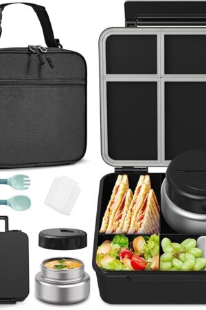 Bento Box for Kids with Thermo Food Container (9oz), 4-Compartment Lunch Box, Adjustable Divider, Leakproof Bento Lunch Box, Includes Utensils & Carry Bag for School, Office(Black)