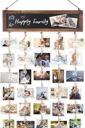Bikoney Picture Frames Collage Photo Hanging Display Picture Board Wood Rustic Frames for Wall Decor and Dorm Room Decor with Blackboard and 30 Clips Carbonized Black