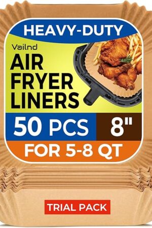 Air Fryer Paper Liners, 50 PCS Air Fryer Liners Disposable, 8" Square Baking Liner for 5-8 qt Airfryer Basket, Non-stick and Oil Proof Parchment Paper for Oven, Pans & Baking