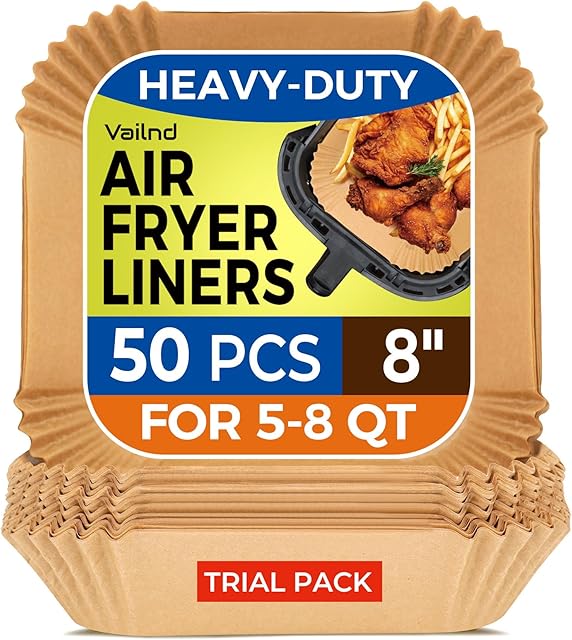 Air Fryer Paper Liners, 50 PCS Air Fryer Liners Disposable, 8" Square Baking Liner for 5-8 qt Airfryer Basket, Non-stick and Oil Proof Parchment Paper for Oven, Pans & Baking