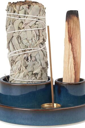 4 in 1 Incense Holder, Palo Santo Stick Holder,Sage Holder for Burning- 4.25" Sage Incense Holder for Meditation Room Home Decor (Blue Reactive)