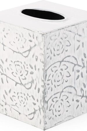 Country Chic Modern Farmhouse Tissue Box Holder, Decorative Metal Tissue Cover, Rustic Square White Style