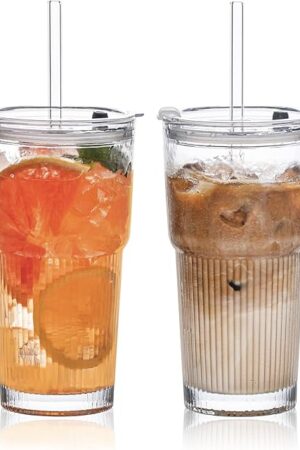 20oz Glass Tumblers with Lids and Straws, Set of 2 - Stylish Ribbed Design Drinking Glasses for Iced Coffee Cups, Juice, Smoothies, Cold Beverages, Includes Cleaning Brush, Durable Glassware