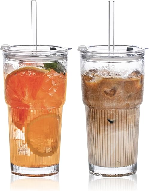 20oz Glass Tumblers with Lids and Straws, Set of 2 - Stylish Ribbed Design Drinking Glasses for Iced Coffee Cups, Juice, Smoothies, Cold Beverages, Includes Cleaning Brush, Durable Glassware