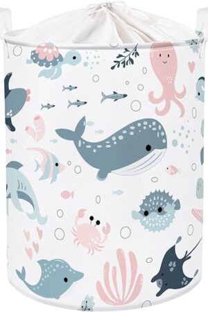 Clastyle Marine Animals Bubbles Kid Laundry Basket with Lid Foldable Sea Shark Dirty Clothes Hamper Round Toy Clothes Pool Beach Towel Basket, Pink Mermaid, 36 * 45 cm