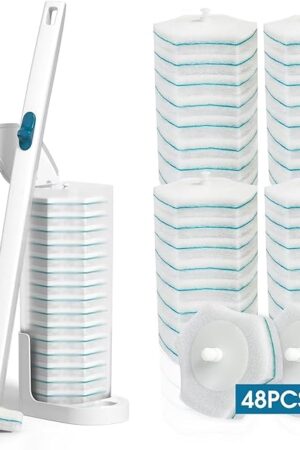 Disposable Toilet Brush with 48 PCS Refills, Disposables Toilets Cleaning System with Handle, Storage Caddy and 48Toilet Bowl Refill Heads for Bathroom Cleaning