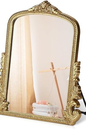 Vintage Makeup Mirror, Vanity Desk Mirror Antique Traditional Tabletop Mirror, Standing, Hang or Wall Mounted, Adjustable Dress-up Mirror, Gold Decor Mirror for Living Room,Bedroom (gold, 12*9.8 in)