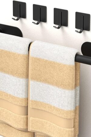 Batur 5 Pack Towel Holder, Towel Racks for Bathroom Self Adhesive, 16" Towel Bar with 4 Pack Towel Hooks, Premium Hand Towel Holder, Heavy Duty Towel Hanger Shower Rack Wall Mounted, Black