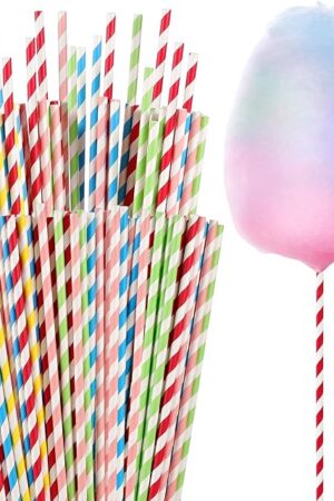 100Pcs Colorful Cotton Candy Sticks - 13.8 Inches Stripe Paper Sticks Cotton Candy Sugar Making Supplies, Extra Long Paper Straws for Party