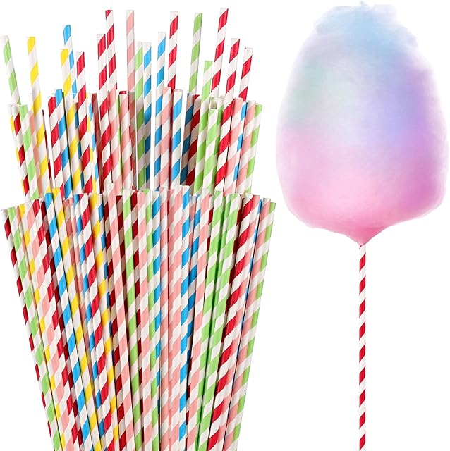 100Pcs Colorful Cotton Candy Sticks - 13.8 Inches Stripe Paper Sticks Cotton Candy Sugar Making Supplies, Extra Long Paper Straws for Party