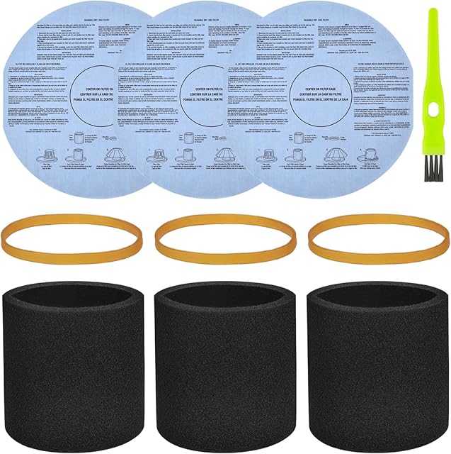 3 Pack 90585 Foam Sleeve Filter and 3 Pack 90107/90137 Wet Dry Vac Filter for Most Shop Vac 5 Gallon and Above Vacuum Cleaner,Vf2002 Dry Discs Filters with 3 Retaining Bands,Replace# 9058500, 9010700