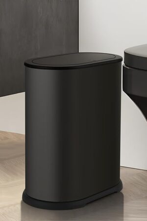 Anzoymx Stainless Steel Bathroom Trash Cans 1.8 Gallons Small Garbage Can with Pop up Lid, Metal Narrow Wastebasket, Slim Waterproof Litter Trash Bins Set for Bedroom, Toilet, Office (Black)