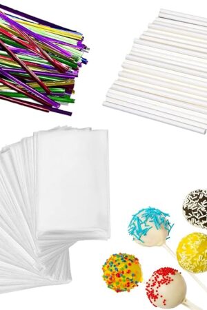 300 PCS Cake Pop Sticks and Wrappers Kit, Including 100ct 4-inch Papery Lollipop Treat Sticks, 100ct Clear Parcel Bags, 100ct Colorful Twist Ties for Cake Pops, Chocolates and Cookies