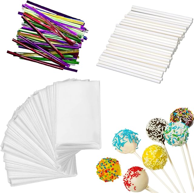 300 PCS Cake Pop Sticks and Wrappers Kit, Including 100ct 4-inch Papery Lollipop Treat Sticks, 100ct Clear Parcel Bags, 100ct Colorful Twist Ties for Cake Pops, Chocolates and Cookies