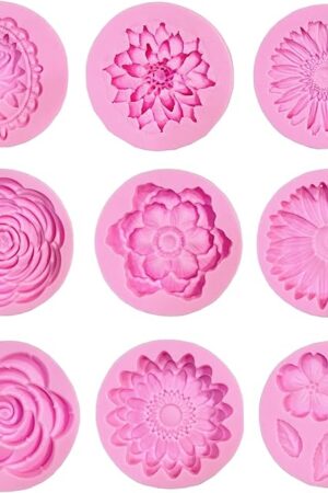 9 Pcs Flowers Fondant Molds Silicone Molds for Cupcake Dessert Chocolate Jelly Cookie Decor, Jewelry, Pastry, Chocolate,Handmade Soap Mould Candy Making