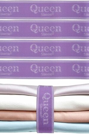Bed Sheet Organizer Bands, Sheet Set Storage Size Marking Bands, Elastic Bedding Sheet Straps Wraps for Organizing Linen Closet（Queen 4PCs | Purple）