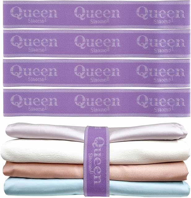 Bed Sheet Organizer Bands, Sheet Set Storage Size Marking Bands, Elastic Bedding Sheet Straps Wraps for Organizing Linen Closet(Queen 4PCs | Purple)