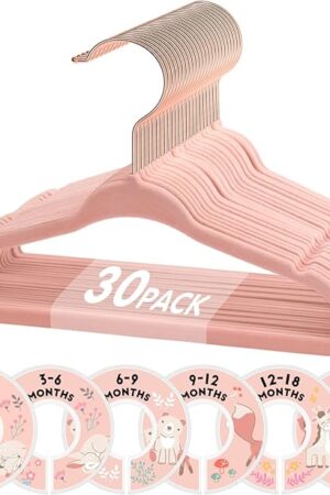 VIS'V Baby Hangers, 11 Inch Velvet Kids Hangers with 6 Pcs Clothes Size Dividers, Infant Toddler Nursery Closet Organization, Non Slip, Pink, 30 Pcs